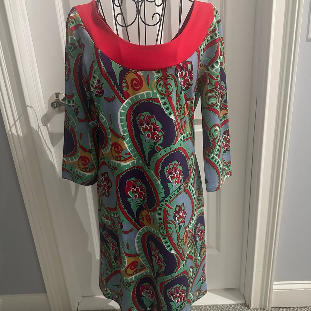 Colorful Paisley Dress with Red Collar